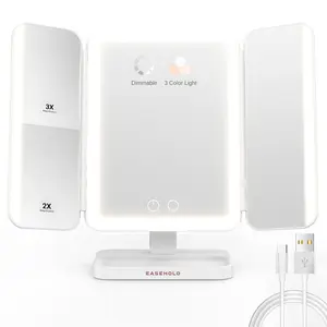EASEHOLD 5000mAh Rechargable Makeup Mirror, Lighted Vanity Mirror with 116 LEDs, 1X/2X/3X 10X Magnifying, 3-Color Mirror with LED Lights,Portable Cosmetic Mirror, Adjustable Brightness/Angle White Decor