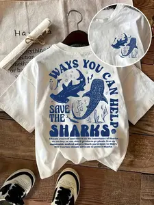 Women's Shark & Letter Print Round Neck Tee, Casual Short Sleeve Crew Neck T-shirt for Daily Wear, Summer, Ladies Sleepwear for All Seasons, Tops, Crewneck