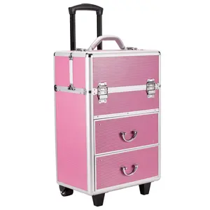 4 Tier Lockable Makeup Train Case 3 in 1 Professional Aluminum Rolling Cosmetic Organizer Trolley Makeup Case with Extendable Trays,Pink