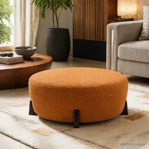 31.5x31.5" Circular Modern Farmhouse Solid Boucle Fabric Ottoman - Padded Seat Footrest, Splayed Rubberwood Legs, Classic Versatile Pumpkin Orange Indoor Living Room Accent Table Stool Furniture