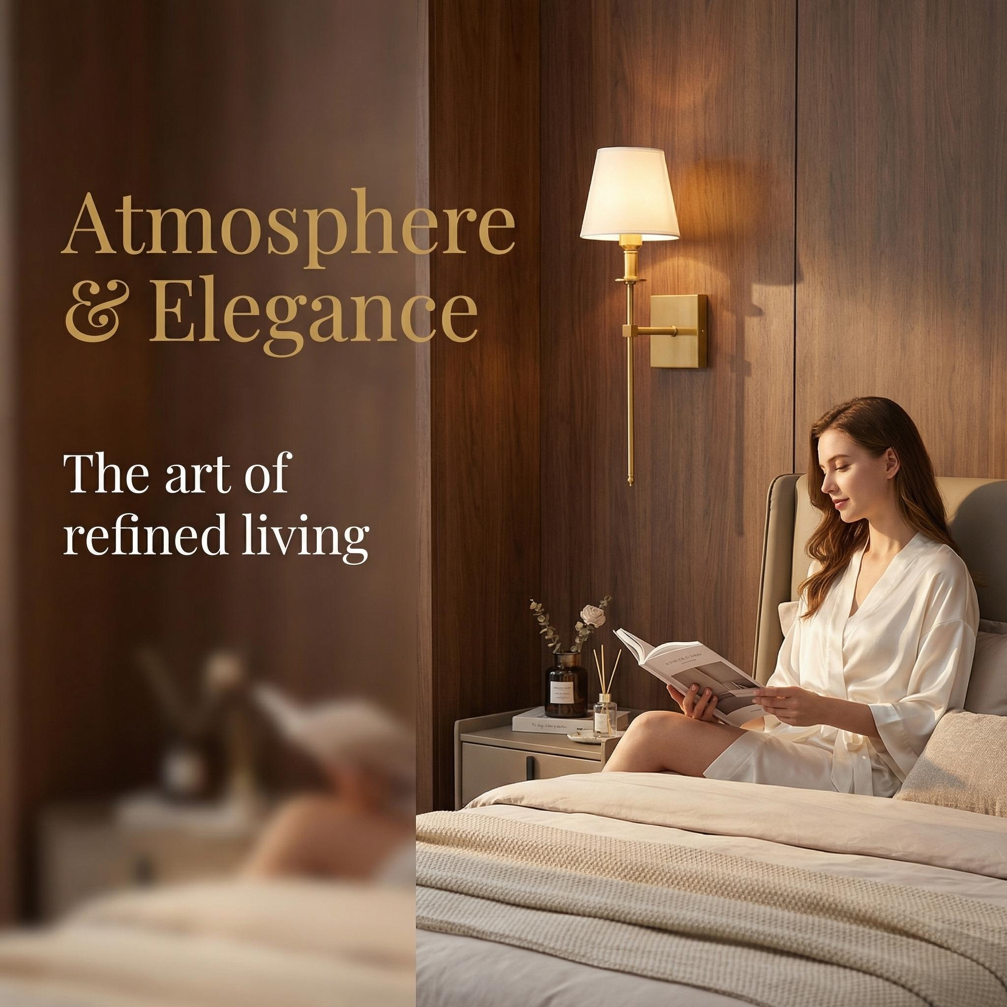 Modern Brass Wall Sconce Set of 2, Fabric Shade Bedside Wall Light, Minimalist Mid Century Wall Lamp for Bedroom Living Room Hallway Soft Ambient Lighting Home Decor