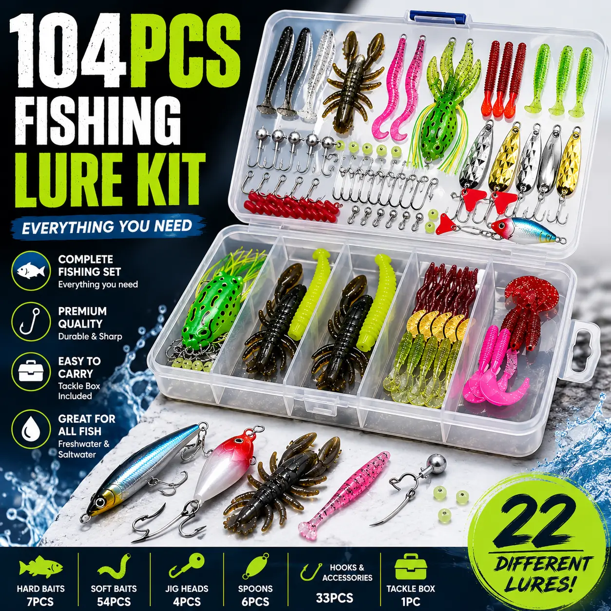 Compact Fishing Tackle Kit - All-in-Organized Small Tackle Box with Multiple Lures (Spoons, Swim Baits, Jerk Baits) & Accessories for Freshwater Bass, Trout | Home Supplies, Party Bags & Gifts