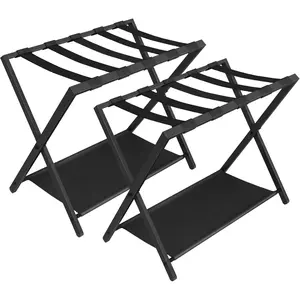 Hzuaneri Luggage Rack, Folding Suitcase Stand for Guest, Foldable, Luggage Holders with Shelf, Steel Frame with Nylon Straps for Bedroom, Hotel, Holds up to 154 lb, Black, 2 Pack LR03901B