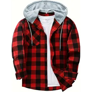 Men's Trendy Plaid Plus Size Long Sleeve Button Up Hooded Shirt Jacket, Men's Casual Shirts Daily Wear