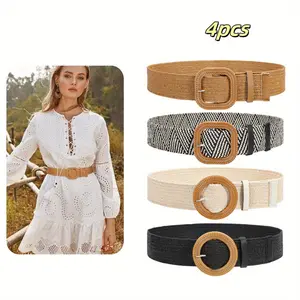 4pcs Suit Elastic Braided Belts for Women Fashion Elegant  Round Square Buckle Straw Dress Belt Waistband outdoorfun