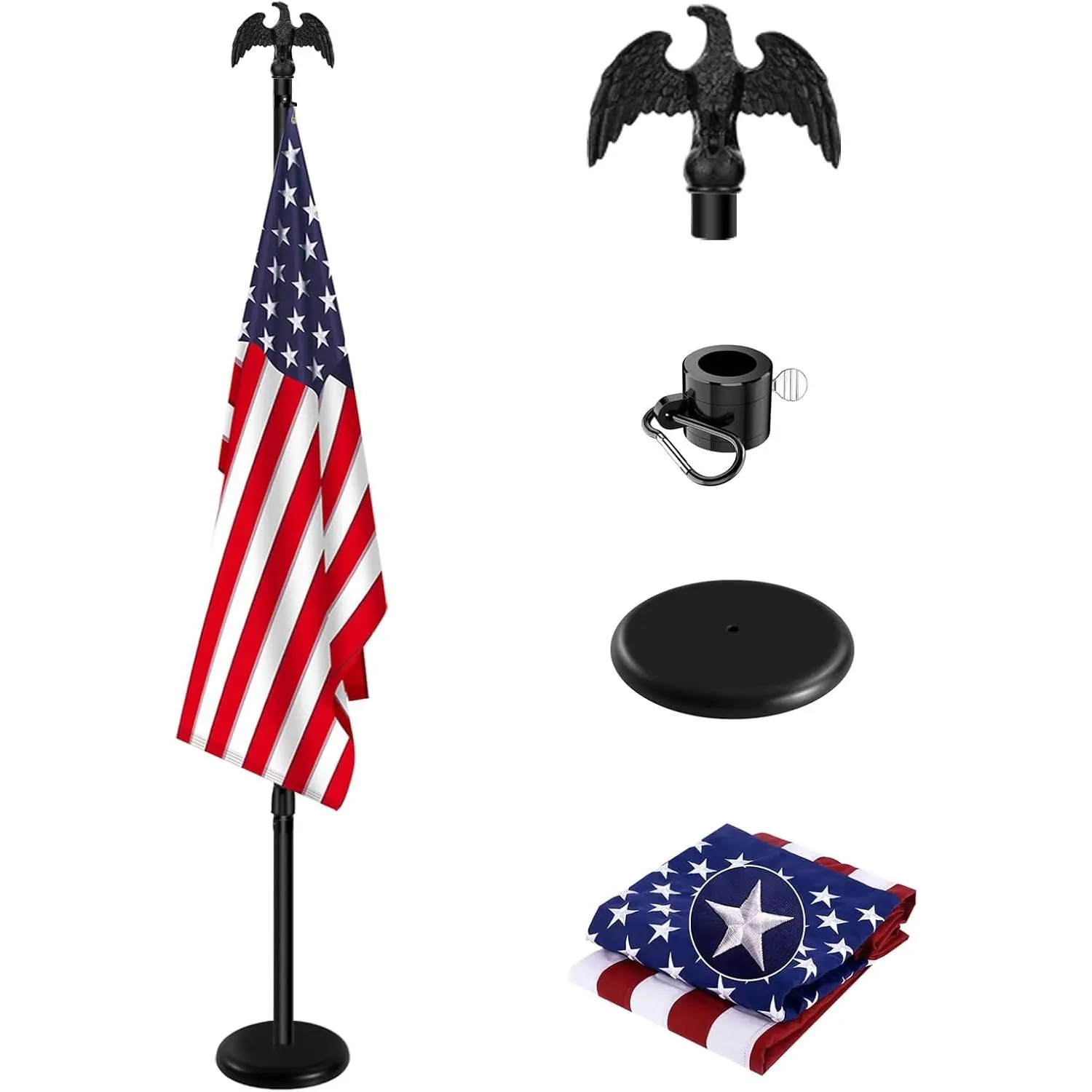 6FT-8FT Adjustable Aluminum Commercial Indoor Flag Pole Kit with Base, 360° Rotating Anti-Wrap Ring & Black Eagle Topper, Heavy Duty for Office Use (1Pack)