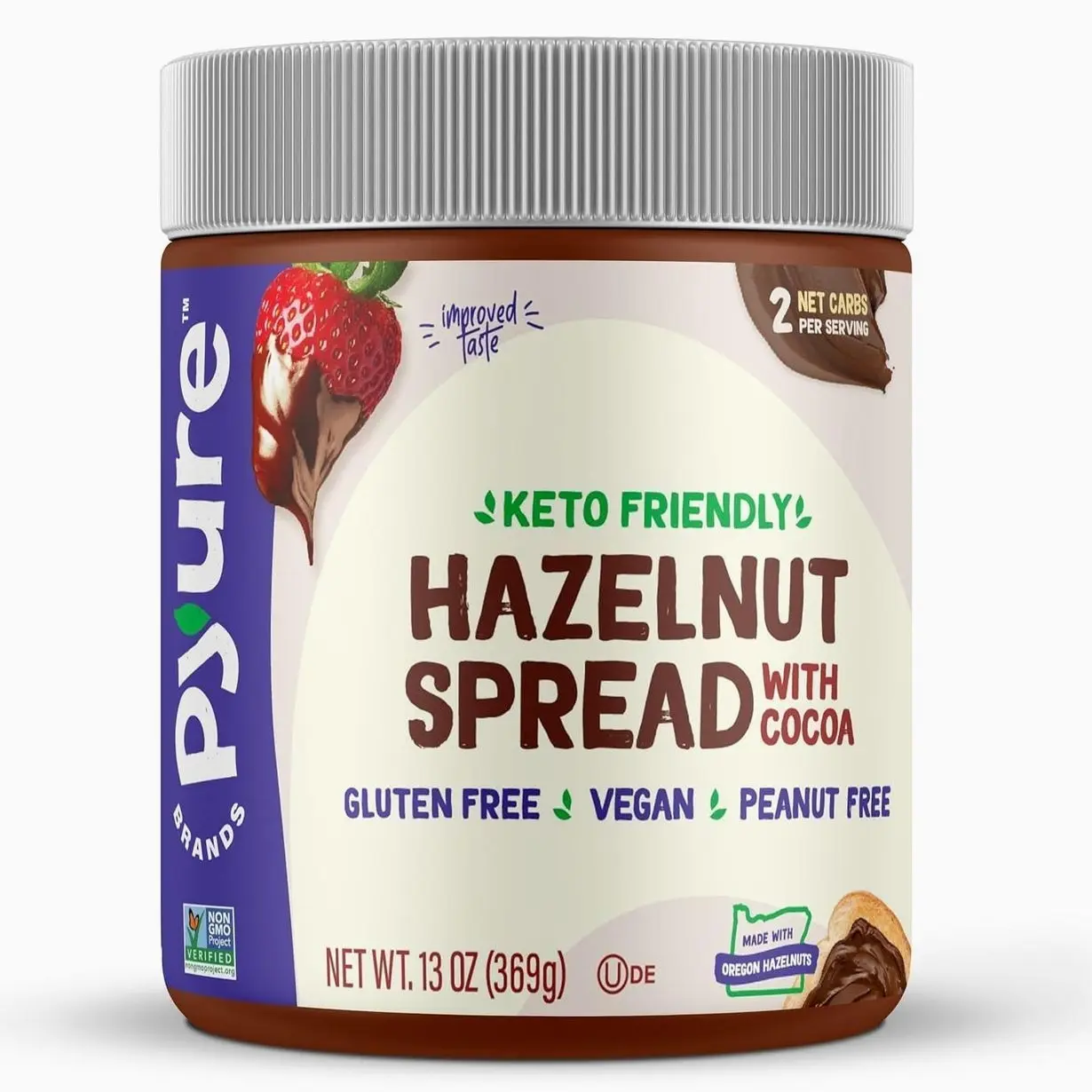 Pyure Keto Hazelnut Chocolate Spread | Sugar-Free, Low Carb, Vegan Nutella Alternative | 2g Net Carbs, Gluten-Free, Peanut-Free, Plant-Based, Non-GMO, Keto Snack, Vegan Sweets | 13 oz Jar