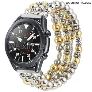 Beaded metal strap suitable for Samsung Galaxy watch3 45MM/41mm stainless steel strap 20mm 22mm elastic quick release high-end elastic handmade bead metal strap for women's bracelet replacement strap