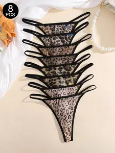 8Pcs Valentine's Day Sexy Mesh Plain Low-Waist Thongs, Fitted Drop Waist Breathable Underwear Panties for All Seasons, Women's Lingerie Set Pieces