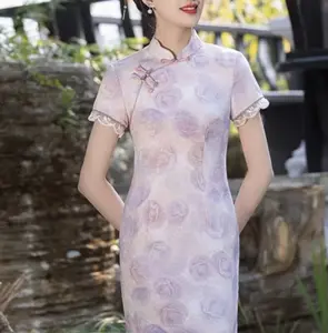 Purple Flowing Light Embroidered Handmade Frog Button Modern Dress