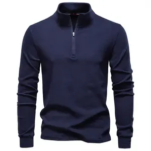 Menswear Stand Collar Half-Zip Plush Thermal Shirt - 100% Polyester Fleece-Lined, Winter Warm, Loose Relaxed Fit, Medium Length, Plain Layer, Casual Streetwear, Navy, S-XXL, Skin-Friendly, Modern Versatile Practical Top (Pairs with Jeans)