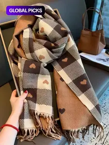 Plaid & Heart Pattern Tassel Decor Shawl, Elegant Soft Warm Thick Shawl for Women & Men, Fashion Accessories for Fall & Winter, Double Sided Shawl, Shawl Wrap, Double Sided Scarf