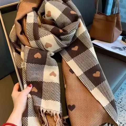 Plaid & Heart Pattern Tassel Decor Shawl, Elegant Soft Warm Thick, Women & Men, Fashion Accessories for Fall & Winter, Fashionable Scarf, Double Sided Shawl, Shawl Wrap, Double Sided Scarf #GLOBAL PICKS