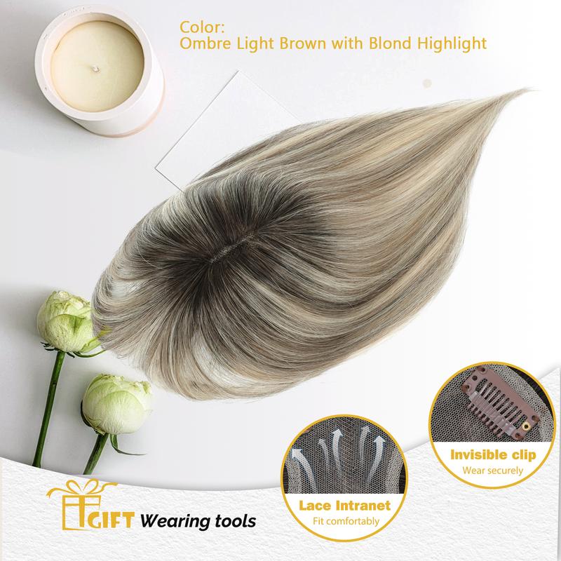 Hair Toppers for Women Real Human Hair Toppers for Women with Thinning Hairs Clip in Bangs 10 inch Swiss Base Hairpieces Loss Cover