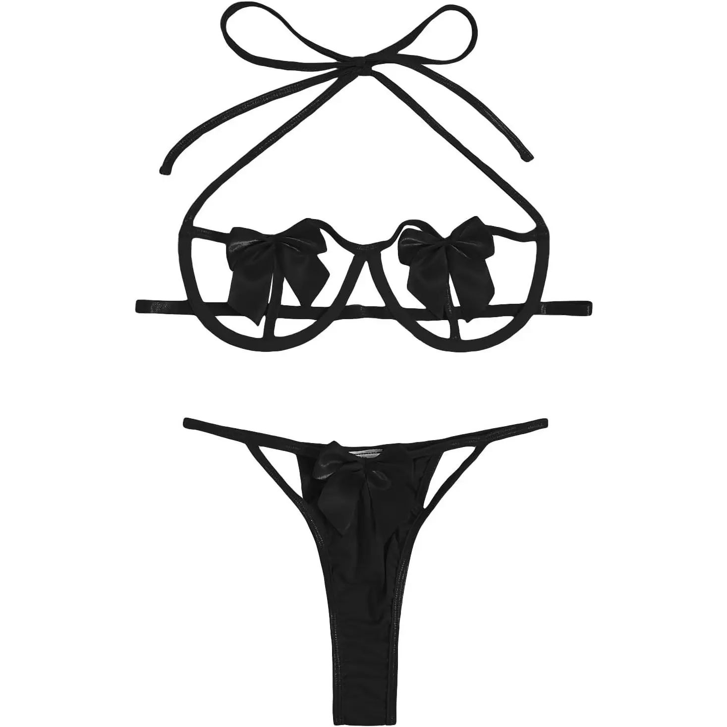 Women's Two Piece Underwire Lingerie Set Bow Knot Cut Out Halter Bra and Panty Sleepwear