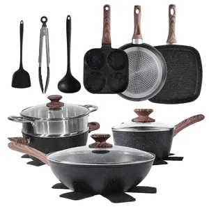 17 Pcs Pots and Pans Set Non Stick Kitchen Cookware Sets Nonstick Induction Cookware Non-toxic Black Granite Cooking Tools with Stay-Cool Handles,Pot Protectors,ots and Pans Set Non Stick,Kitchen Cookware & Bakeware Sets with Granite Coating Pots and Pans