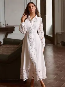 Simplee Women's Spring/Summer New Elegant Solid Color Hollow Lace Patchwork Button Decor Dress, Wedding Guest Dress, Vintage Style, Please Refer To Size Chart As It Runs Large White
