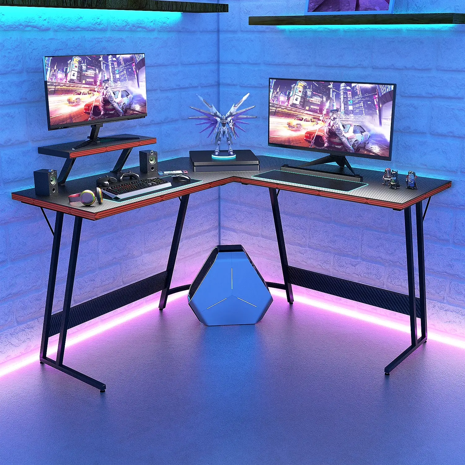 Lacoo 51.2“ Gaming Desk L-Shaped Carbon Fiber Surface Gaming Corner Desk Table, Black LACOO