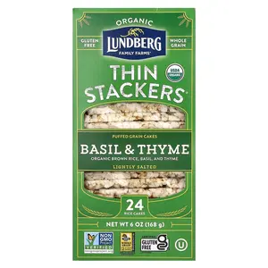 Lundberg Organic Thin Stackers, Puffed Grain Cakes, Basil & Thyme, Lightly Salted, 24 Rice Cakes, 6 oz (168 g)