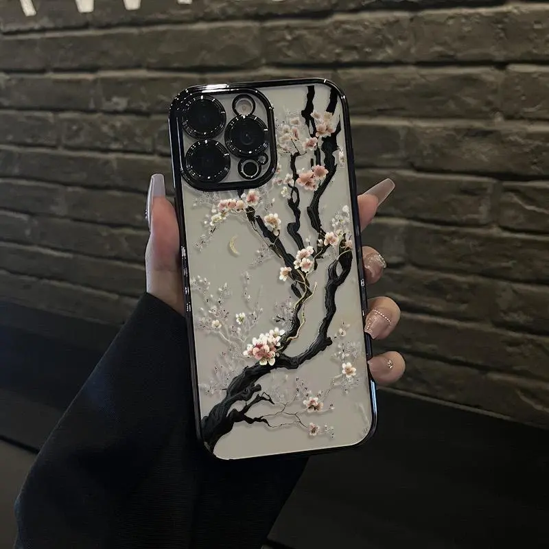 White cherry blossom tree Blooming Pattern Electroplated Mobile Case Camera Lens Protection wildflower cases for iphone 17 16 15 Pro max case 14 13 12 11 XS Plus Shockproof and non-slip silicone transparent acrylic mobile phone protective film iphone 15