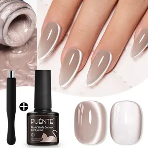 Puente 7.5ML Nude Glitter Cat Eye magnetic Gel Nail Polish Translucent Glassy cat eye Effect Shimmer Metallic Smoothie ceramic Cat eye Gel Polish with Magnetic Stick  Soak Off UV LED French Nail Art DIY Manicure Gift for Women Nail Care