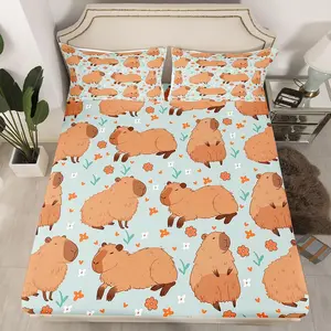 Capybara Fitted Sheet Kids Capybara Animals Lovers Bedding Set for Boys Teens Flroal Print Bed Sheet Set Botanical Flowers Blue Brown Bed Cover Deep Pocket Room Decor