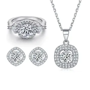 S925 Sterling Silver Zircon Square Earrings Necklace Ring Set Minimalist High-End Jewelry Three-Piece Set for Women Girls Gift