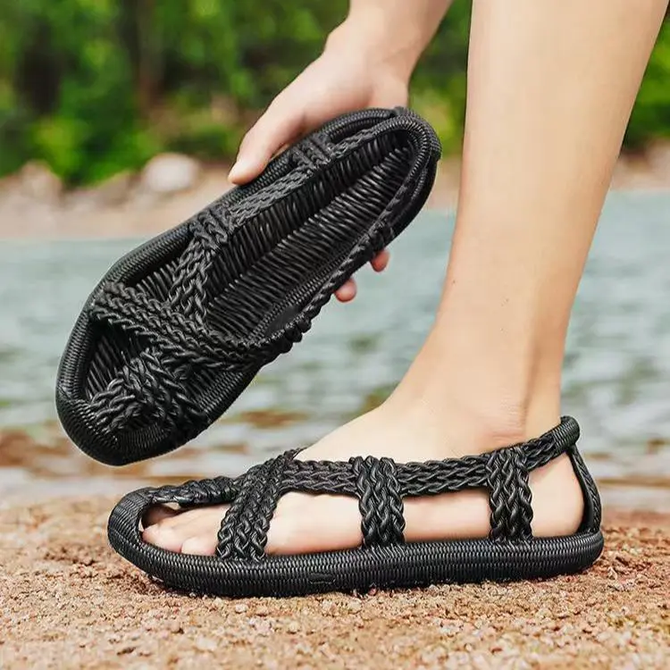 2026 Top Choice Men's Wear-Resistant Braided Flipflop Slides, Slip-On Flat Heel Indoor Outdoor Slippers with Rubber Sole, Comfortable Lightweight Breathable Non-Slip Solid Color Sohochic Summer Casual Shoes (Large Sizes for Home, Pool)