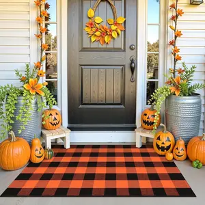 3x5 Buffalo  Checkered Outdoor Rug, Black and Orange Halloween Fall Decor Door Mat, Washable Front Doormat Outside Entrance, Layered Welcome Mat Porch  are Rugs for Entryway Patio