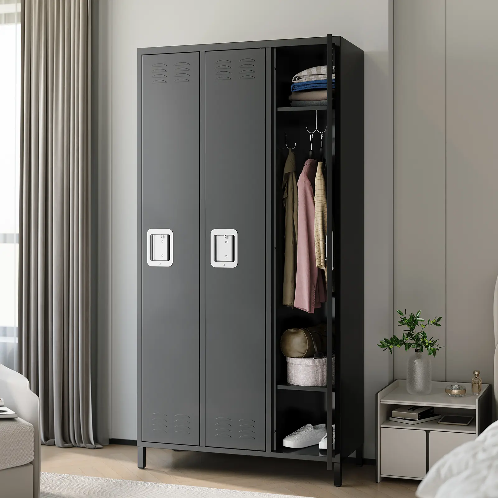 Heavy Duty 3-Door Metal Locker Cabinet with Multiple Hooks & Adjustable Shelves, Lockable Steel Storage Organizer with Secure Locks and Ventilated Design for Office, School, Gym, or Warehouse