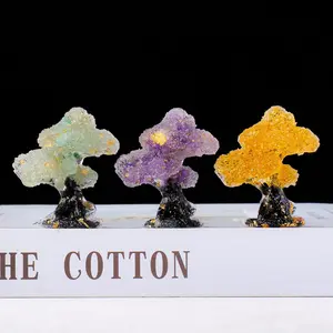 Natural Crystal Stone Resin Mini Tree Statue, 1 Count Reiki Stone Figurine, Fengshui Sculpture for Home Office Decoration