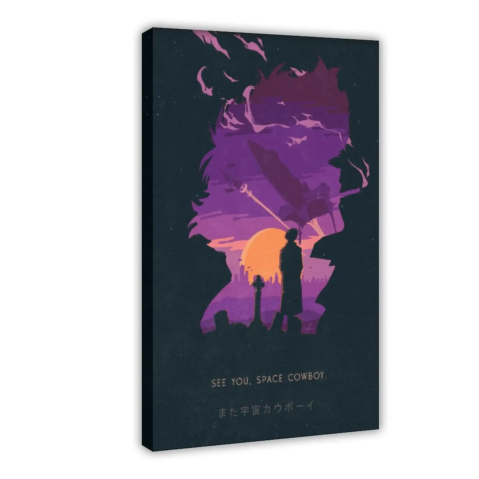 1998 Cowboy Bebop Retro Purple Anime Poster - Spike Spiegel & Crew Graphic Print, Japanese Aesthetic Frame-Style Wall Art, Artistic Wood-Accent Home Decor, Multi-Size, Ideal for Anime Room & Kid Room, Universal Wardrobe Fit