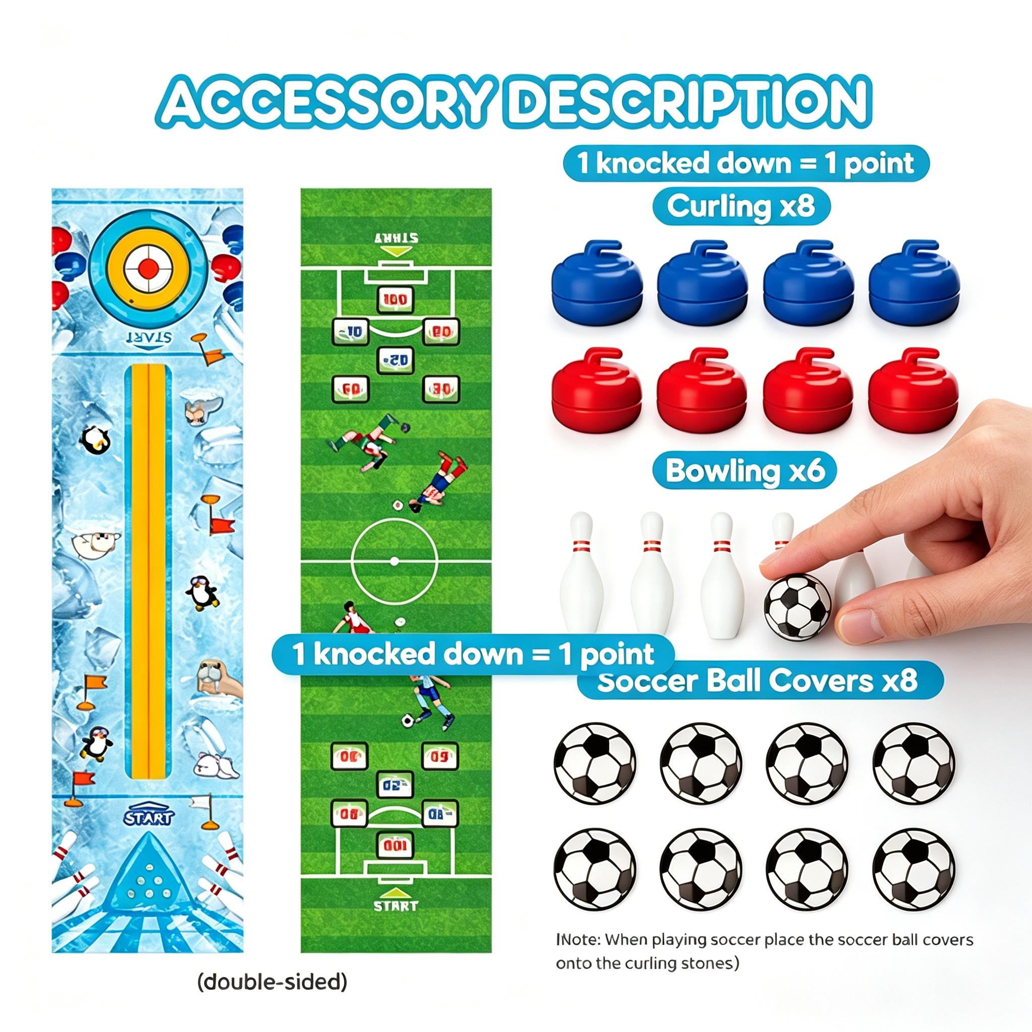 Multi-Game 3-in-1 Tabletop Sports Set | Portable Mini Curling, Soccer, Bowling | Indoor Fun for Kids Adults | Family Game Night, Party & Travel