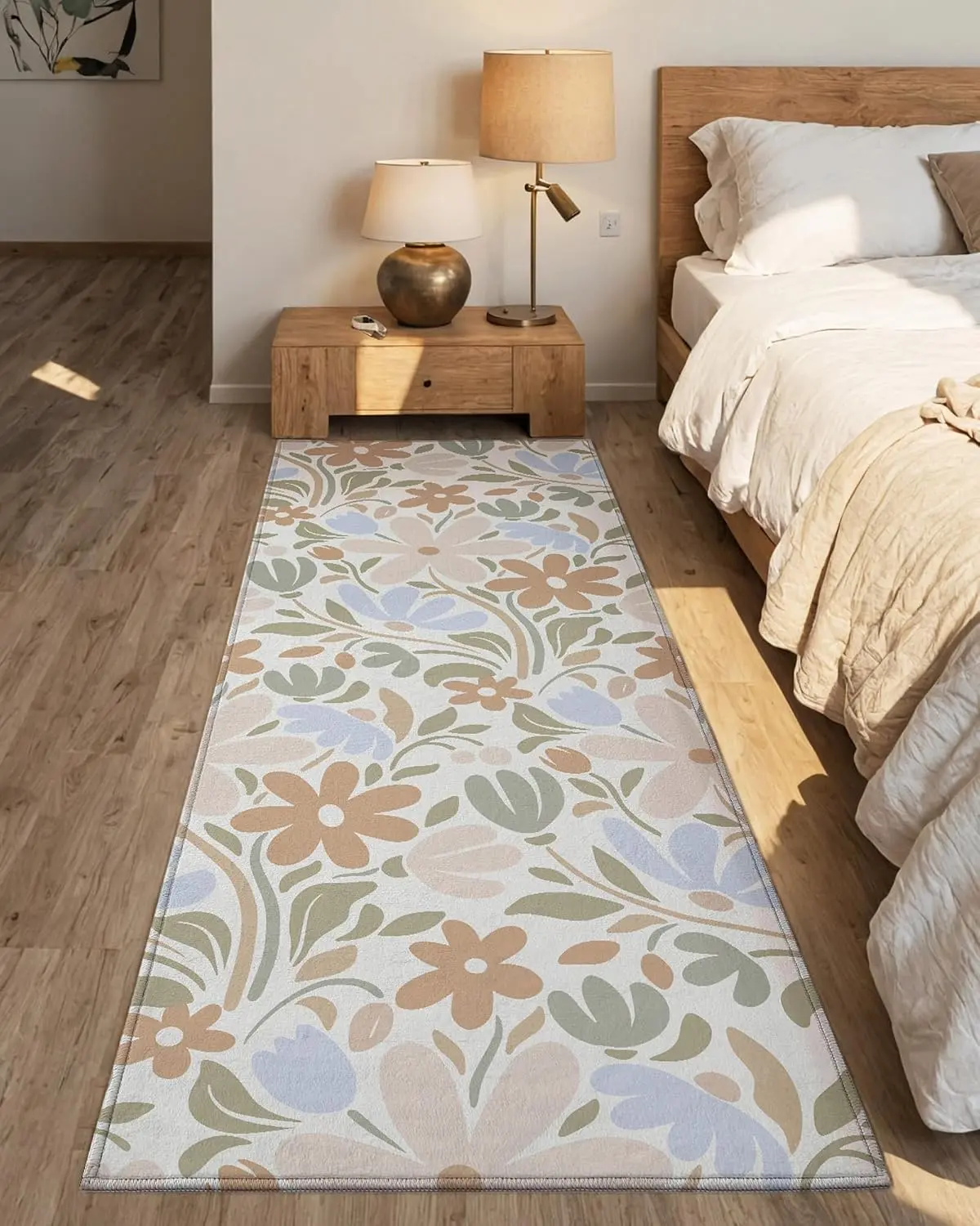 Color&Geometry Long Bedside Mat with a Variety of Flowers, Non-Slip, Easy to Clean, Low Pile Beige Bed Side Rug, Comfort Plant-Inspired Hallway Runner for Kitchen, Bedroom, Living Room soft comfortable floor mat
