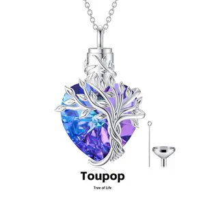 TOUPOP Heart Tree of Life Urn Necklace for Ashes s925 Sterling Silver Cremation Jewelry with Created Crystal, Funnel Filler, Memorial Gifts for Women