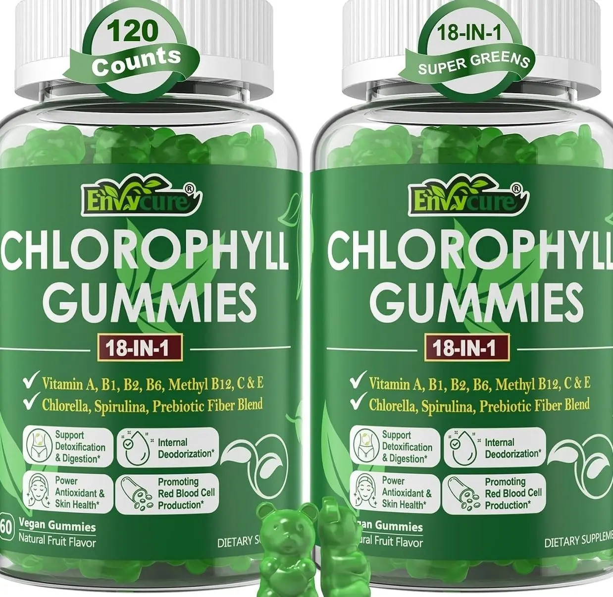 Chlorophyll Gummies, Super Green 18-IN-1 with Organic Chlorella Spirulina, Wheat Grass, Magnesium, Prebiotic Fiber for Internal Deodorant*,Comfort Digestion, Metabolism,Immune, Fresh Body Odor, 2Packs