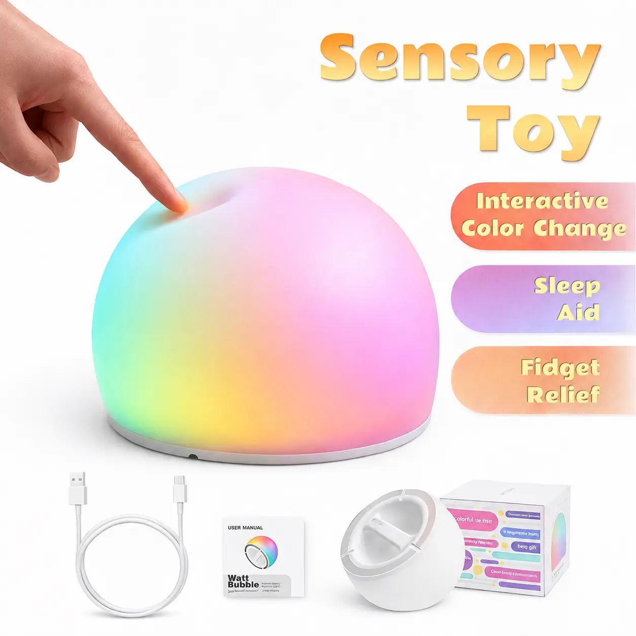 WattBubble Sensory Squishy Fidget Toy for Kids - Rechargeable Tap Light, BPA-Free Silicone Stress Relief Gadget, 29 Color-Changing Nursery Calm Down Night Light, Self Care Item, Quirky Christmas Gifts, Quirky Gifts