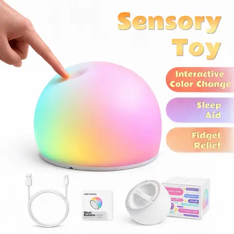 WattBubble Sensory Squishy Fidget Toy for Kids - Rechargeable Tap Light, BPA-Free Silicone Stress Relief Gadget, 29 Color-Changing Nursery Calm Down Night Light, Self Care Item, Quirky Christmas Gifts, Quirky Gifts