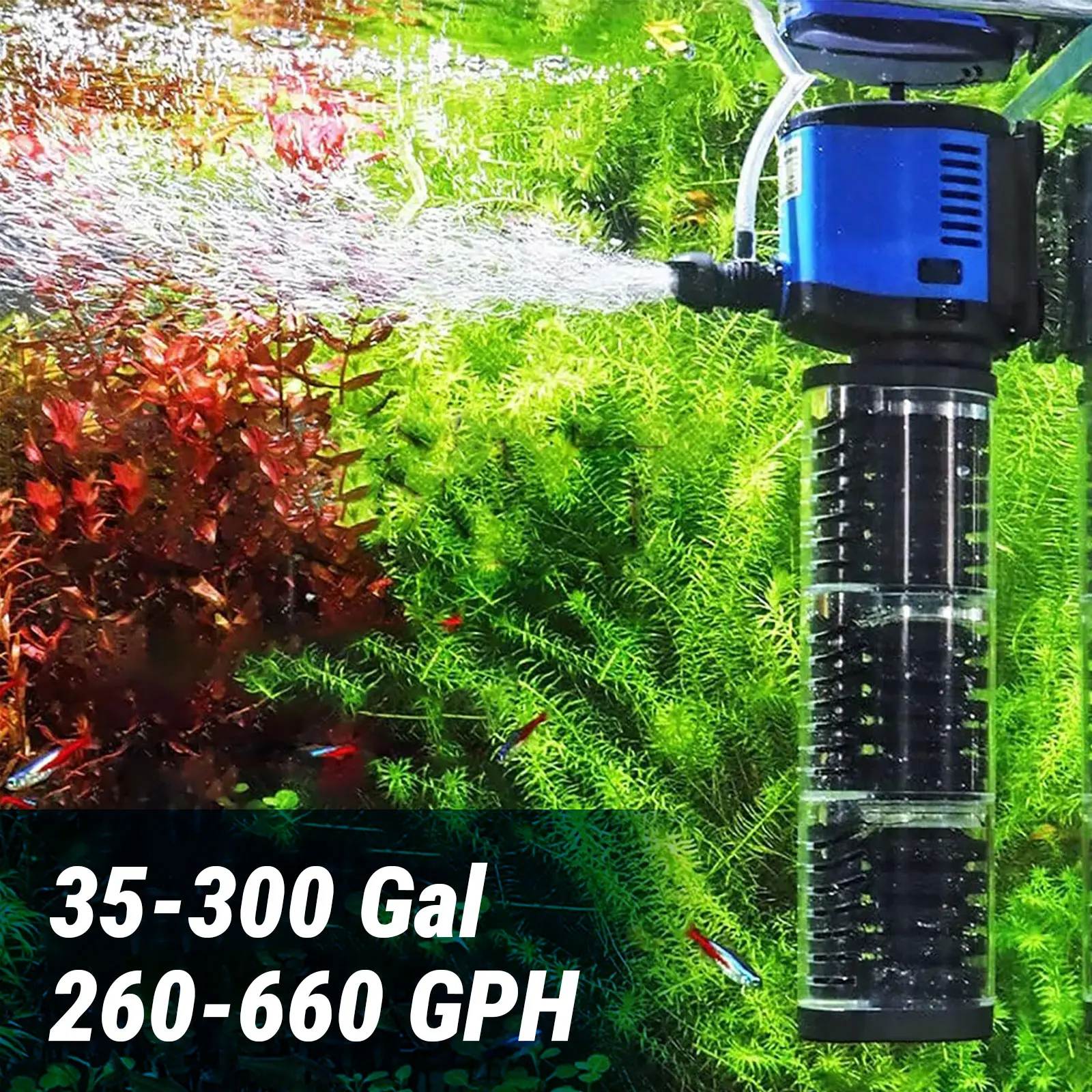 TARARIUM Aquarium Filter 3-Stage in-Tank Filter Internal 260GPH Fish Tank Filter for 30-75 Gal Tank with Wave Maker & Oxygen Supply, Turtle Tank Filters, Small Ponds,Saltwater & Freshwater Systems