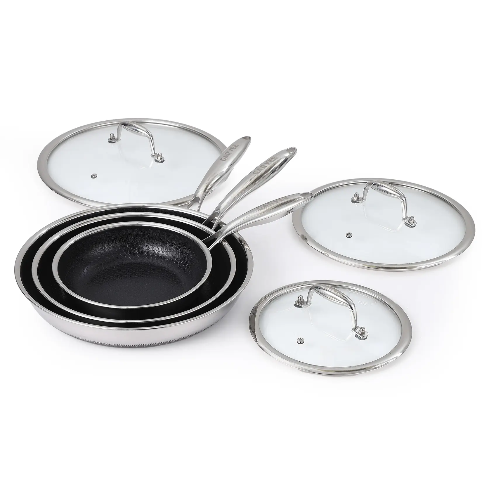 Nonstick Tri-Ply Steel Frying Pan Set with Lids and Stay Cool Handles, Induction Ready Cookware, Dishwasher and Oven Safe, Works on All Stovetops