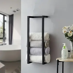 1pc Wall Mounted Towel Rack No Drill Bathroom Organizer Self Adhesive Installation Towel Holder Storage Rack Space Saving Kitchen Bath Towel Bar Black