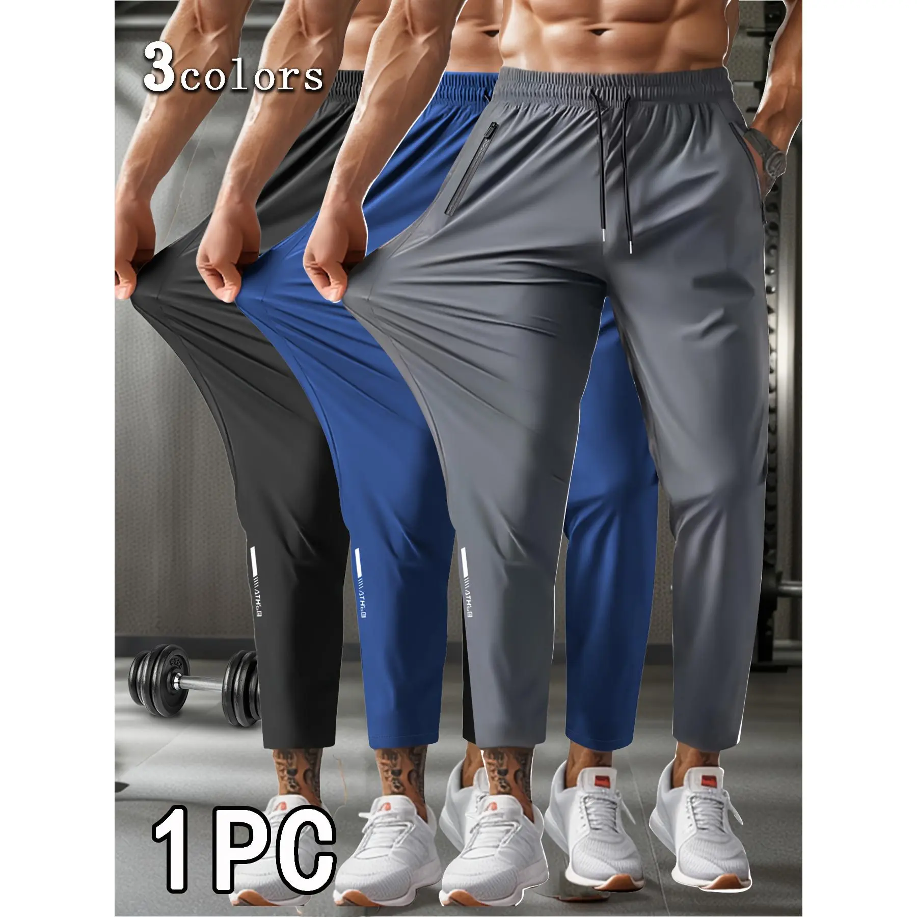Men's Athletic 9/10-Length Pants: High-stretch fabric, drawstring waist, zippered pockets. Ideal for gym workouts, jogging, and everyday casual wear.