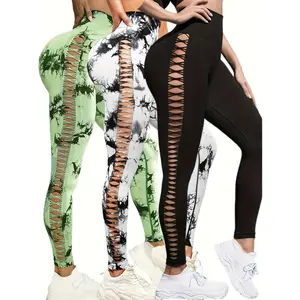 3pcs High-Waisted Tie-Dye Yoga Leggings with Side Cut-Outs, Breathable & Hip-Lifting, Stretchy Nylon/Elastane Fabric, Fashionable Workout Pants for Women