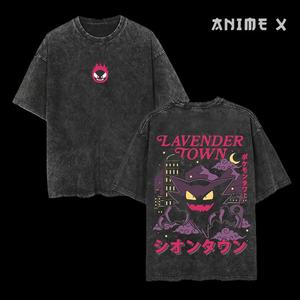 Retro 90s Gengar Ghost Lavender Town Legend Anime Vintage  Washed Tee Unisex Oversize Anime Manga Washed Heavyweight Cotton T-shirt, Gift For Anime Fan Lover