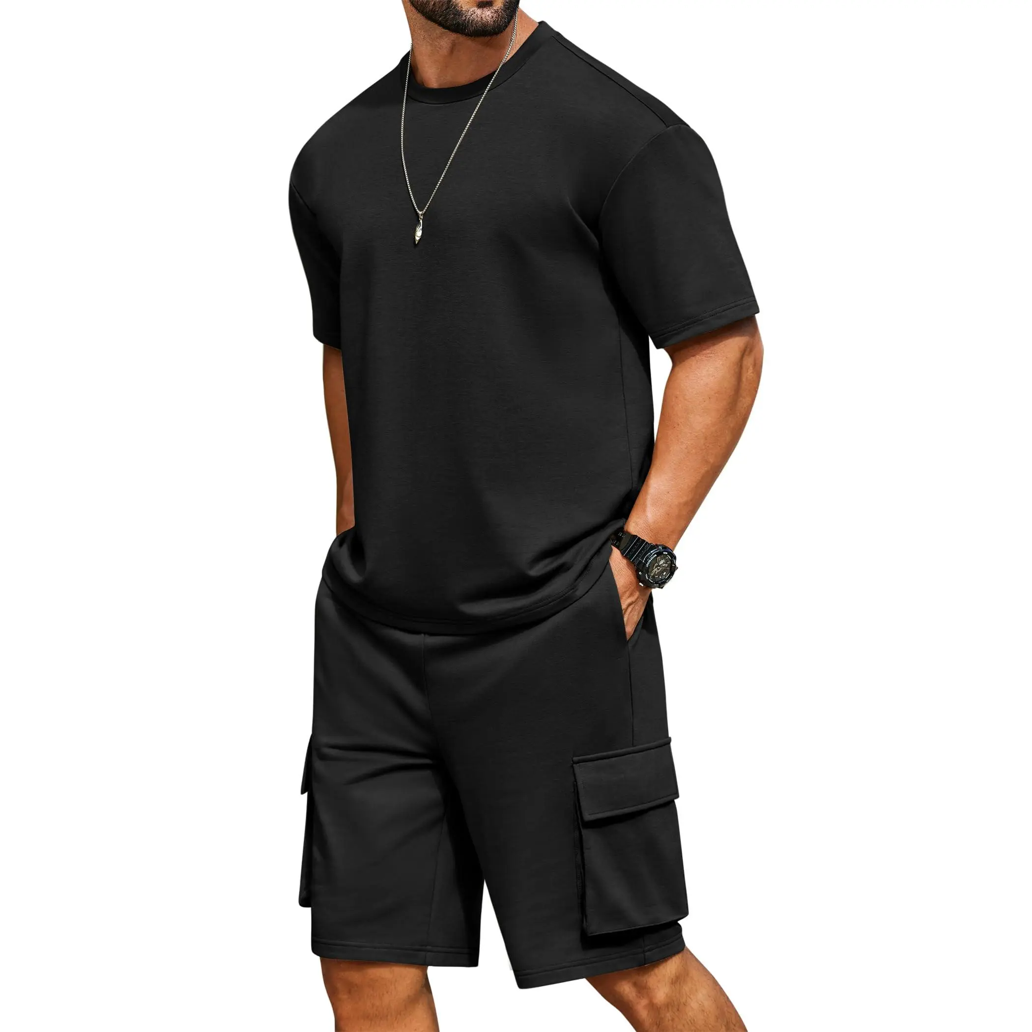 Coofandy Men's Casual 2 Piece Outfits, Oversized Cotton Blend Plain Tee and Cargo Shorts Set with Pockets, Summer Menswear