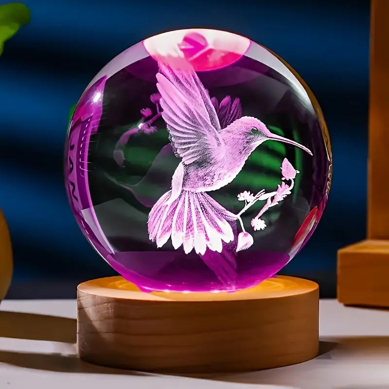 3D Hummingbird Crystal Statue Ornaments With Wooden Lamp Base, Home Bedroom And Living Room Decorations, Holiday Birthday Graduation Gift For Wife, Girlfriend, Mother Or Friends - Modern Glass Animal Theme Table Lamp For Women, Men, Friends