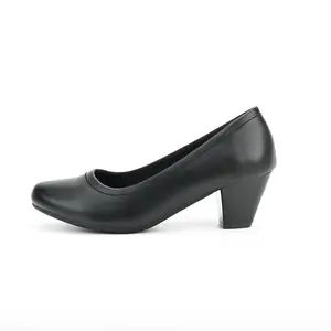 Women's Black Block Heel High Heels, Comfortable Round Toe Office Shoes, Classic Slip-On Mid Heels