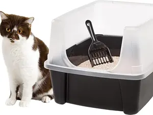 Large Cat Litter Box with Scatter Shield and Scoop, Open Top High Sided Cat Litter Pan, Black