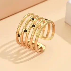 Women's Bold Multi-Layer Gold Statement Ring - Adjustable Open Cuff with Black Onyx Accents, Stackable Skin-Friendly Stainless Steel Jewelry, Costume Accessory
