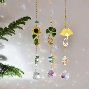 [FreeSpirit Crystal]3pcs Ginkgo Leaf&Four Clover&Sunflowe Crystal Ball Sun Catcher, Window, Courtyard, Room, Home, Garden Decoration, Hanging Ornaments Home Decor, Gardening Garden Suncatchers Ornament, Christmas Tree Decoration, Decorative Ball